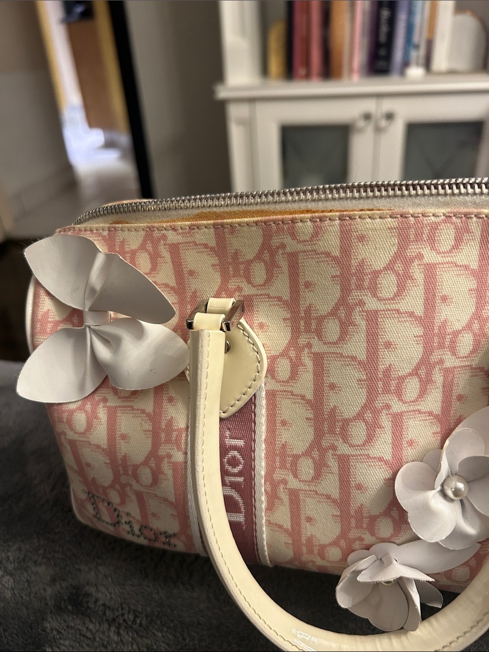 Dior Pink and White Floral Bowling Satchel with Crystal '1' Accent - Picture 13 of 13